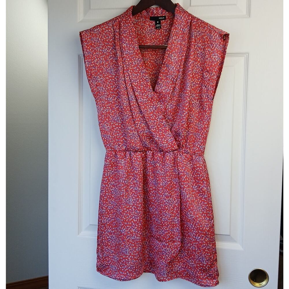 Aqua Red Satin Wrap Dress XS sleeveless blouson collared V-neck elastic waist